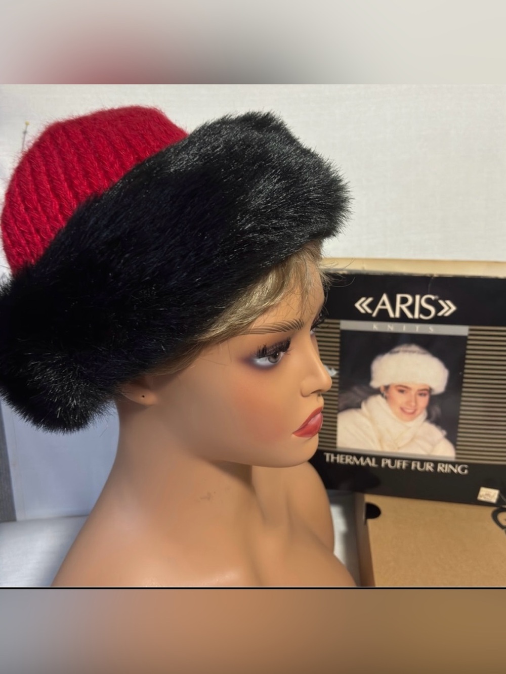 VTG Aris Isotoner Thermal Puff Fur Ring Beanie Cap - Cherry Red & Black W/ box!